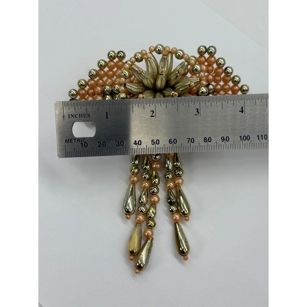 Vintage Faux Pearl Beaded Big Bow Dangle Hair Barrette French Clip Peach Gold